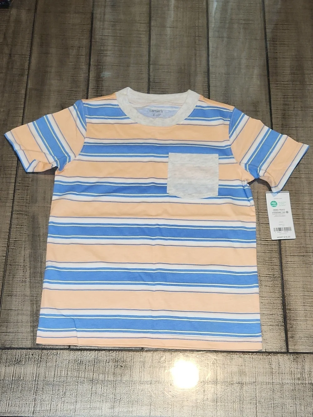 NWT Carter's Peach and Light Blue Striped Pocket Tee